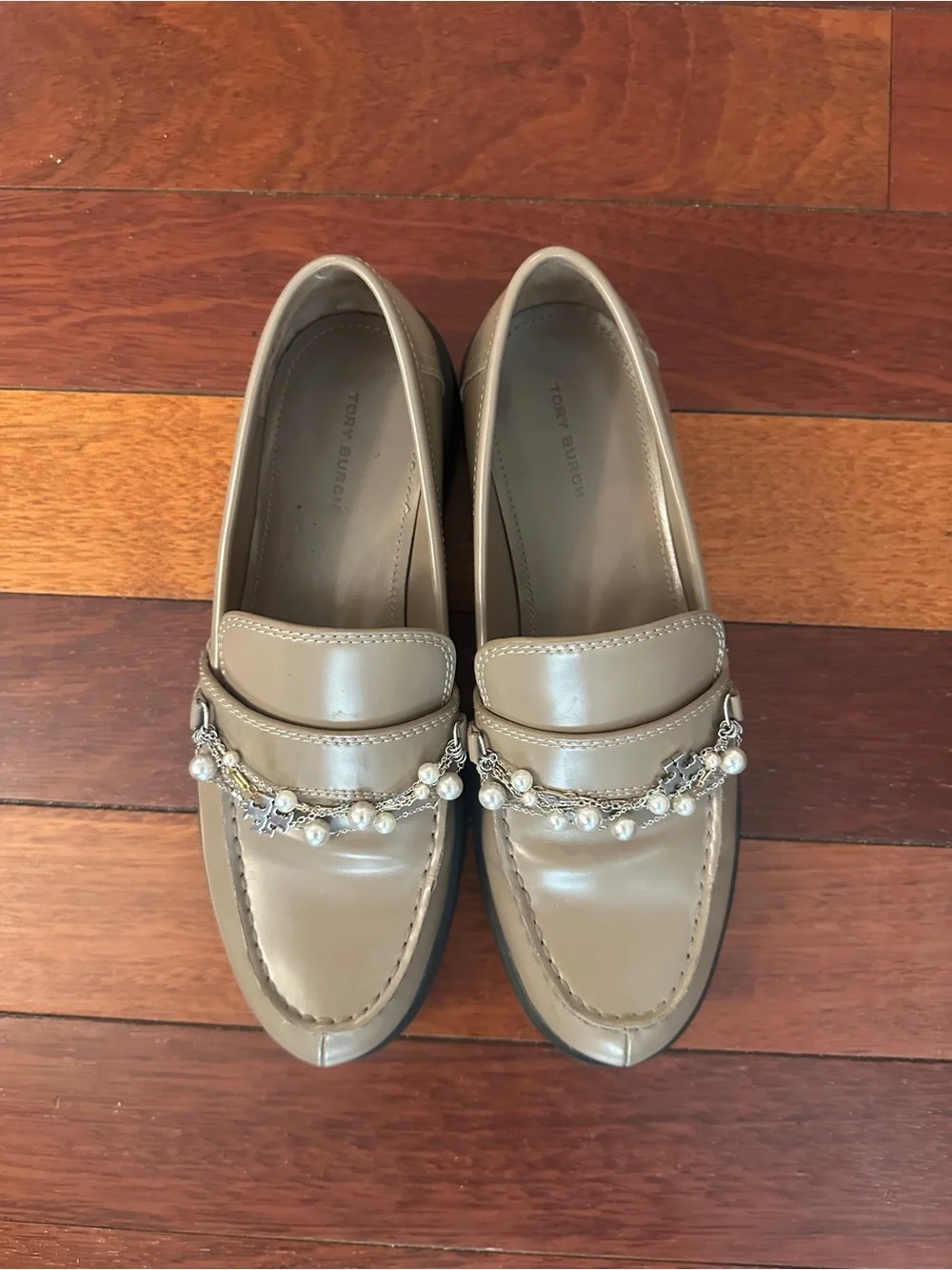 Tory Burch Taupe Pearl-Embellished Loafers
